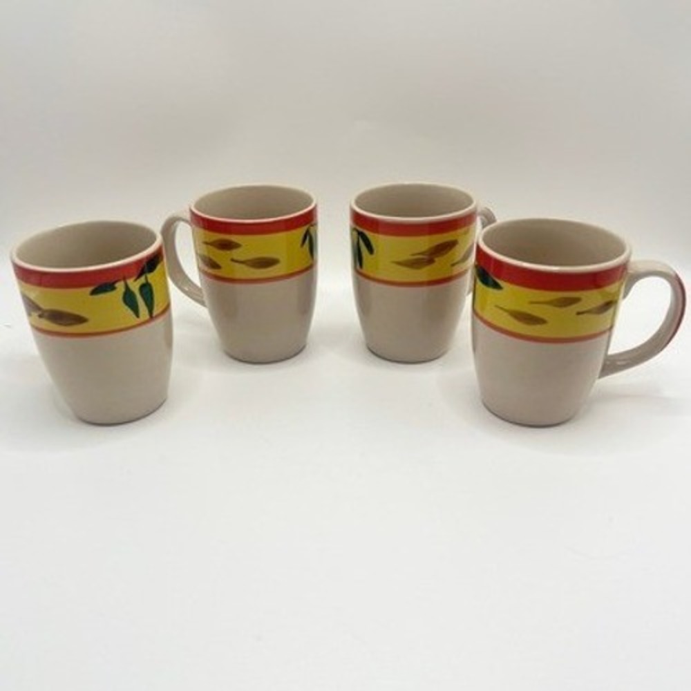 Country View Rooster Ceramic Coffee Mugs Set of 4 Yellow Red Farmhouse Stoneware